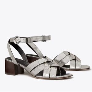 NWT Tory Burch Silver City Heel Ankle Strap All Leather Block Sandals size 11 M
